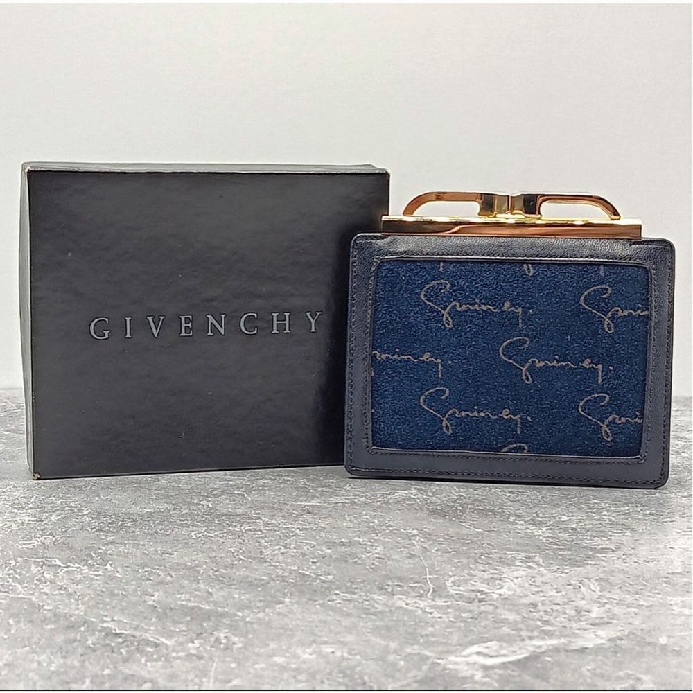 Vintage Givenchy Blue & Gold Kiss Lock Leather Coin Purse Wallet w/Box